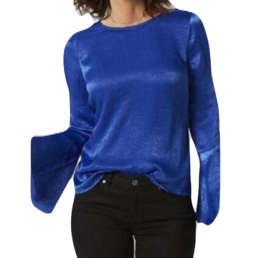NWT JACLYN SMITH holiday classic satin blue bell sleeves blouse Size S